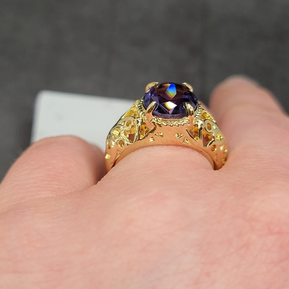 Gold Tone Simulated Purple Gemstone Butterfly Filigree Ring